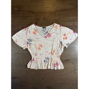 AUW Womens Floral Smocked Peplum Blouse V-Neck Flutter Sleeve Peach T940879H15